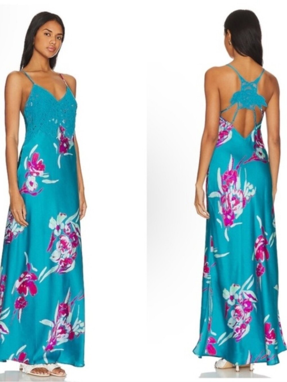 Free People Forever Yours Teal Floral Satin and Crochet Open Back Maxi Dress